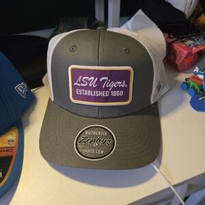 Zephyr Olive Gray White LSU Tigers Patch Trucker Hat